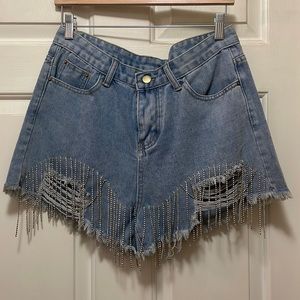 Denim cut off shorts with front diamond fringe detail. Size 30. Never worn!